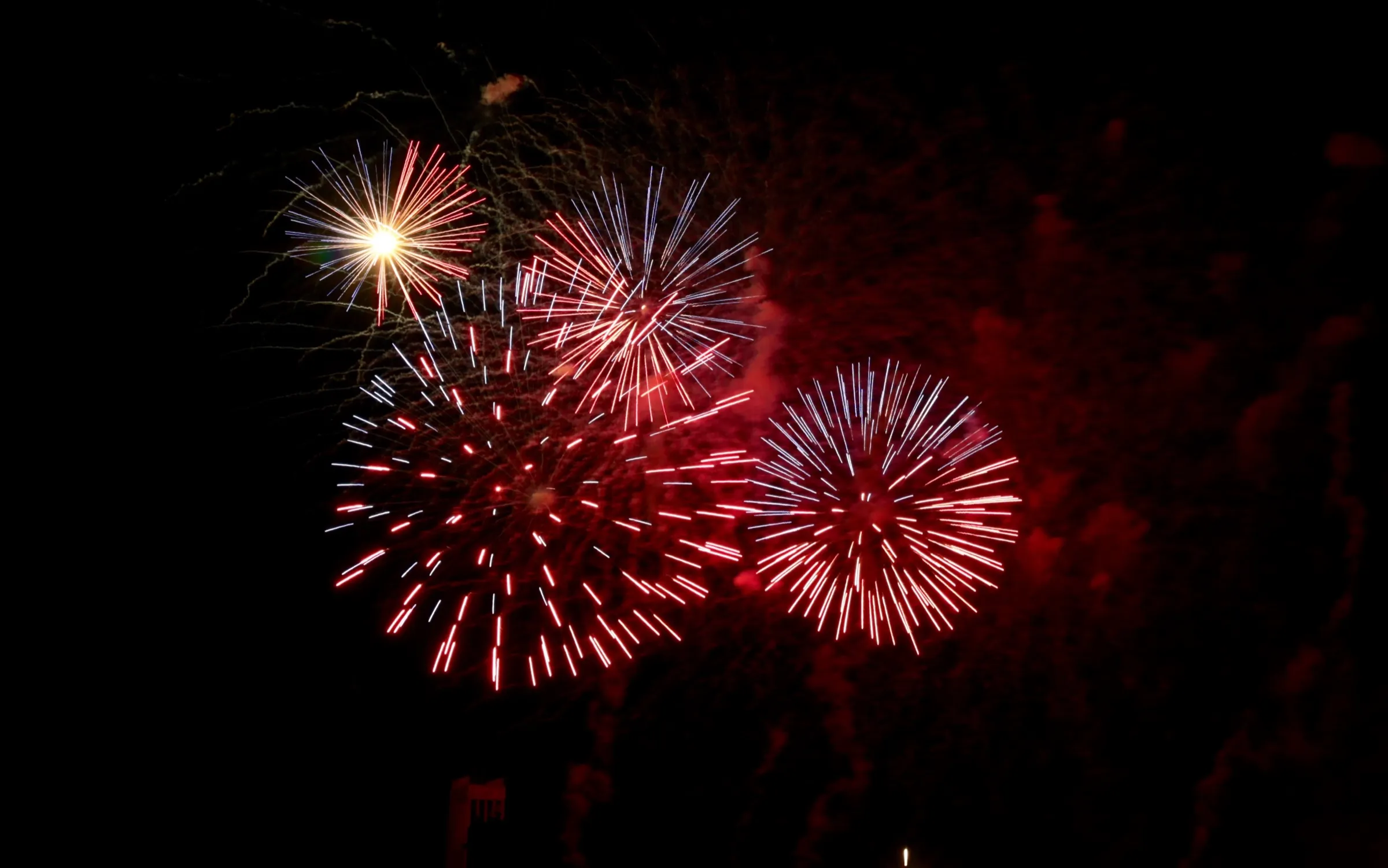 Fuegos artificiales rojos y dorados en el cielo nocturno